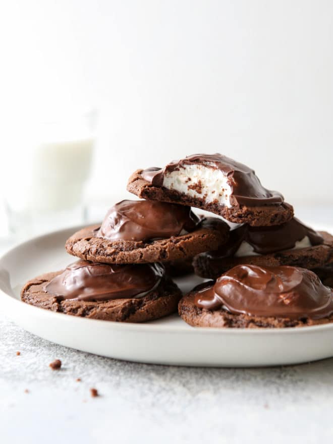 stack of chocolate marshmallow cookies on a plate