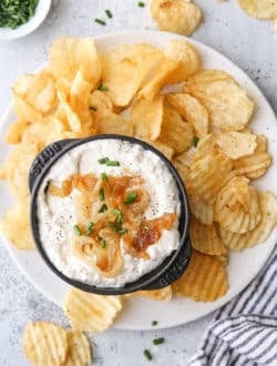 bowl of french onion dip with chips
