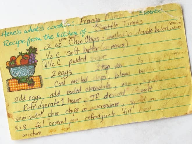an old recipe card for Frango mint fudge