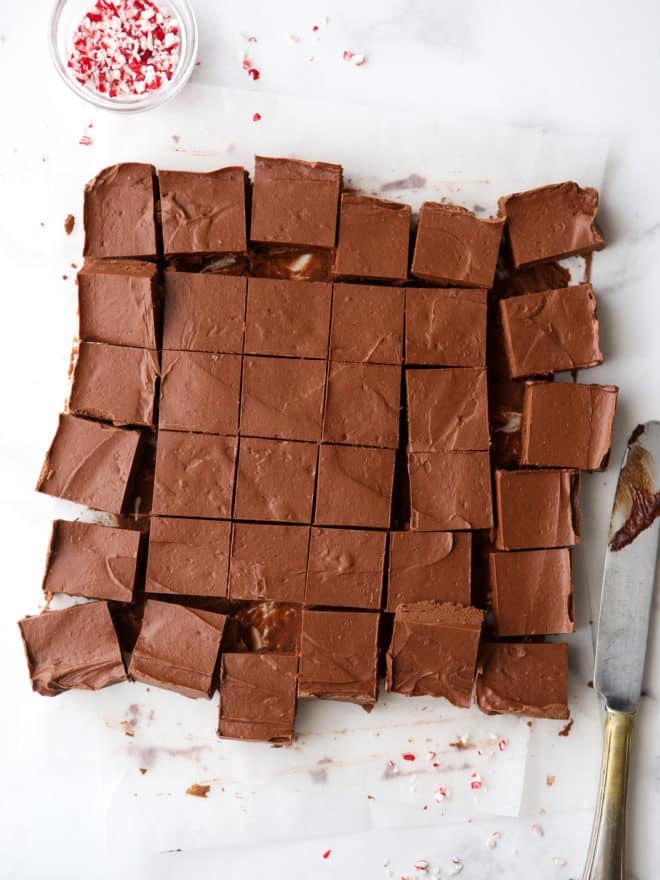 cutting peppermint fudge into squares