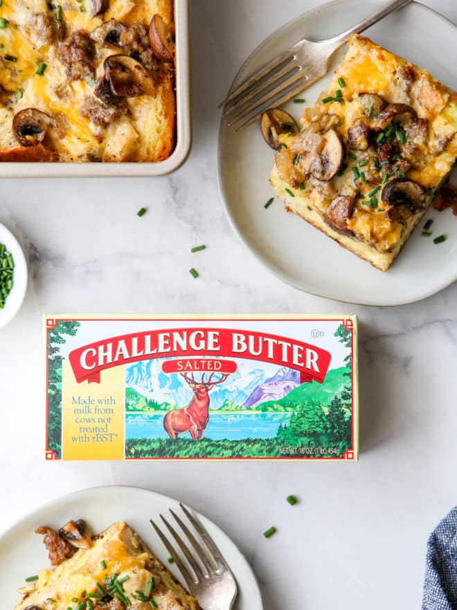 box of Challenge Butter with slices of breakfast casserole