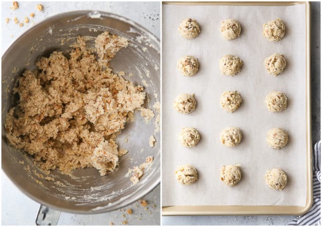 making snowball cookie dough and scooping it onto a cookie sheet