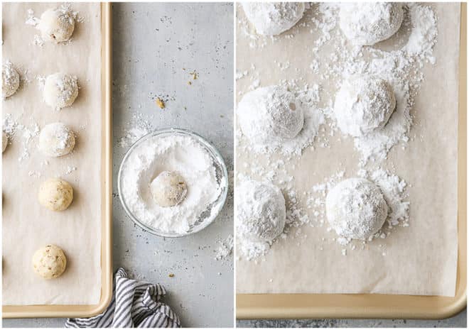 dipping snowball cookies in powdered sugar