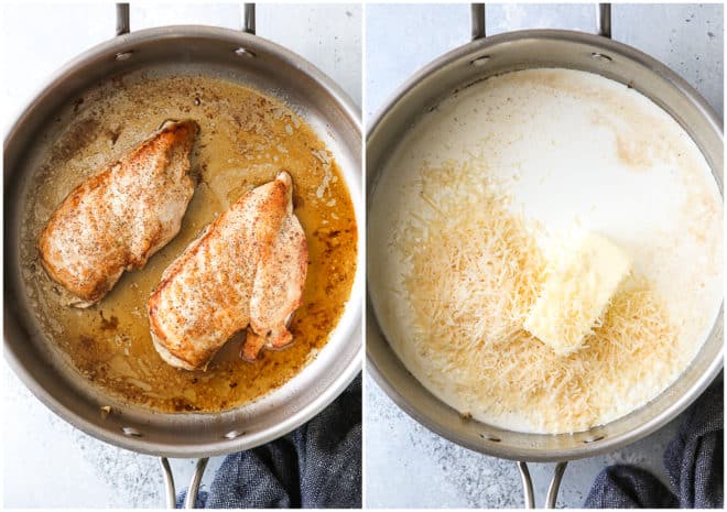 pan fried chicken and making an alfredo sauce in the pan