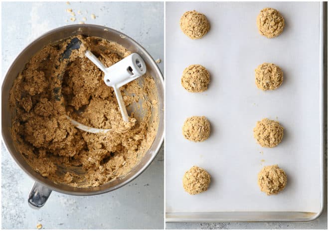 chewy oatmeal cookie dough, scooped on a sheet pan