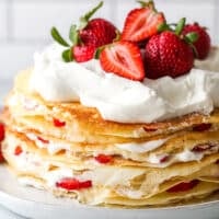 strawberries and cream crepe cake close up