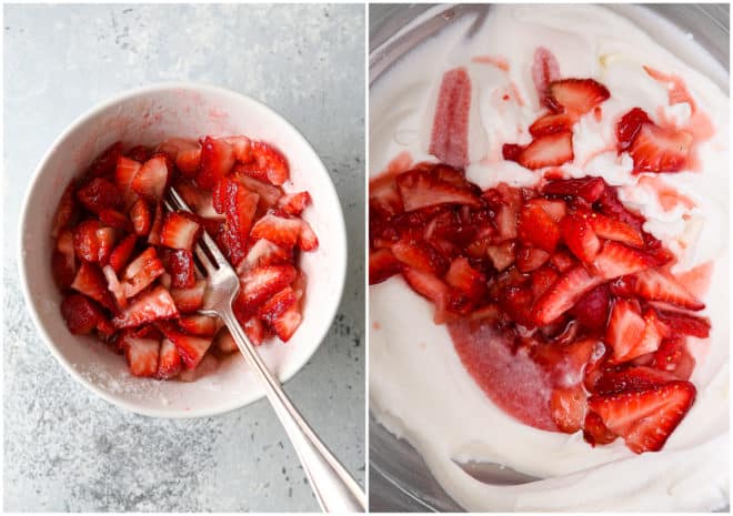 mashing strawberries and adding to whipped cream