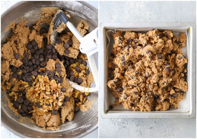 cookie bar dough in mixing bowl and in baking pan
