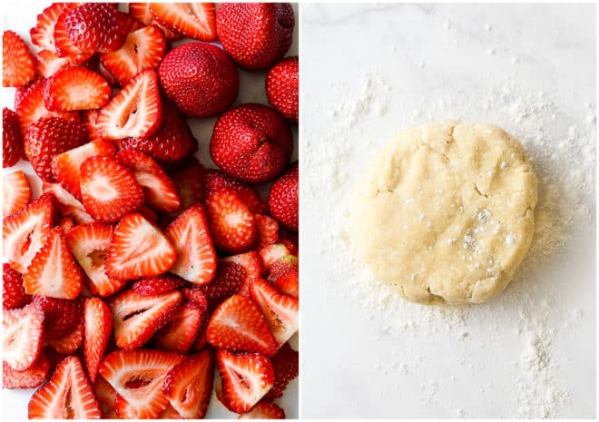 sliced strawberries and a disk of pie dough
