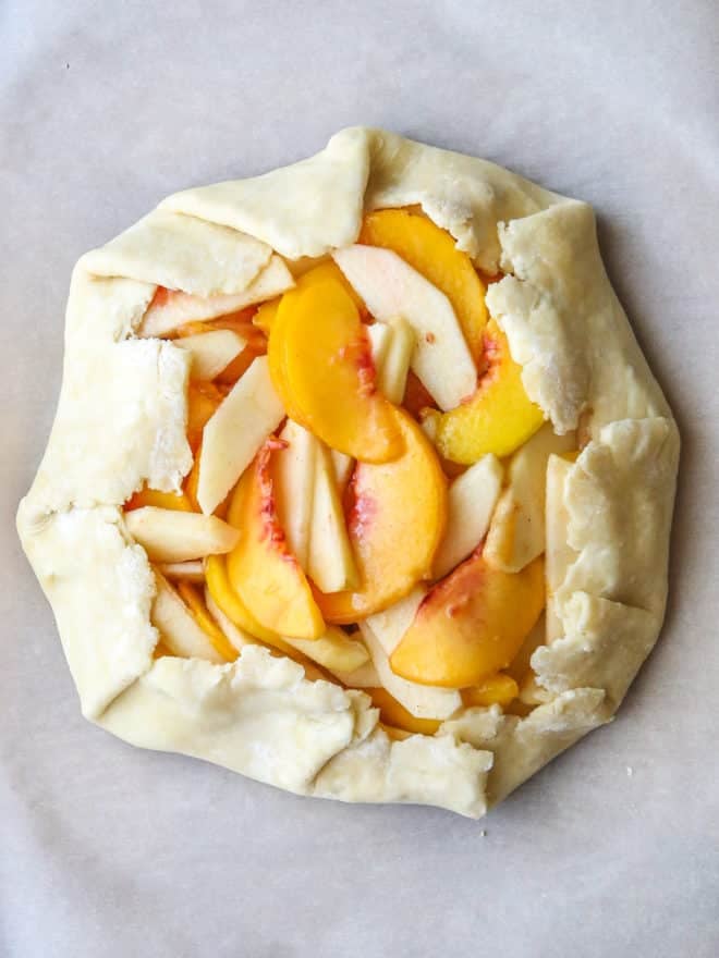 peach apple galette ready to be baked