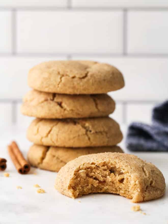bite taken out of brown butter snickerdoodle cookie