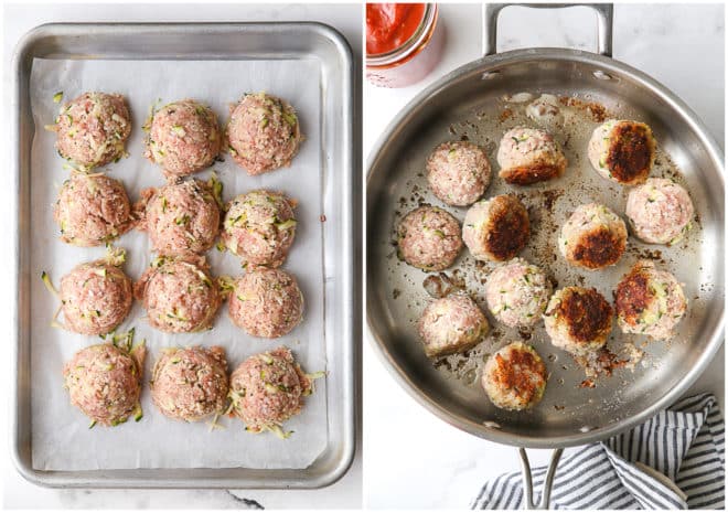 shaping meatballs and browning in pan