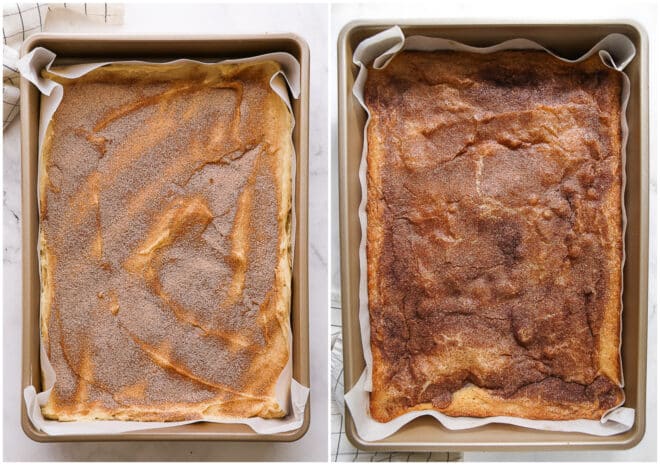 cinnamon gooey bars before and after baking