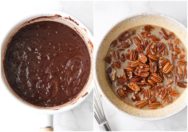 mixing brownie batter and mixing pecan pie filling