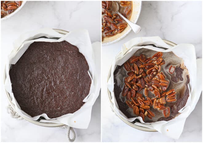 par-baked brownies and adding pecan pie filling on top
