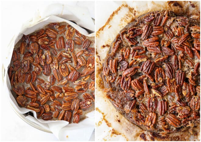 pecan pie brownies before and after baking