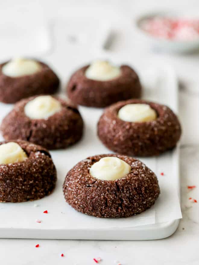 chocolate mint thumbprint cookies on a platter