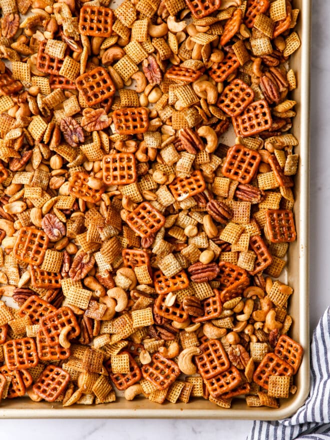 baked maple nut snack mix on pan