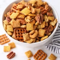 baked snack mix in bowl