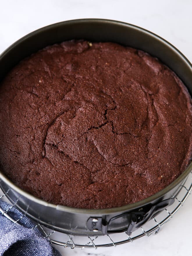 baked flourless chocolate almond cake in pan