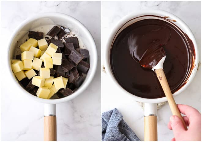 melting chocolate, butter and cream in saucepan