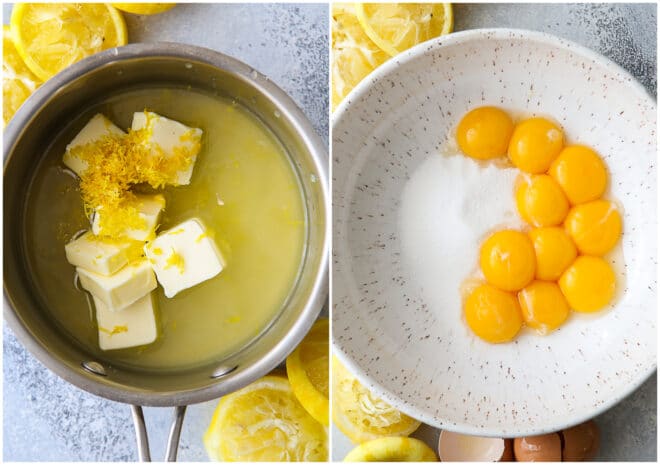 combining butter and lemon, egg yolks and sugar