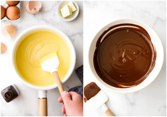 making vanilla pudding and chocolate ganache