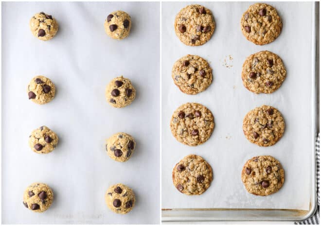 chocolate chip oatmeal cookies, before and after baking