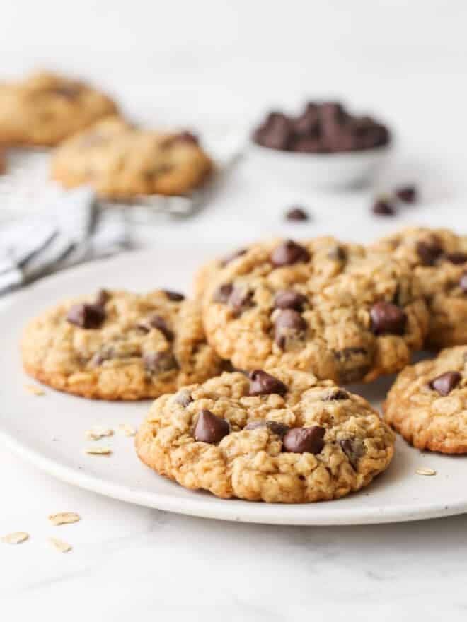 closeup of oatmeal chocolate chip cookies