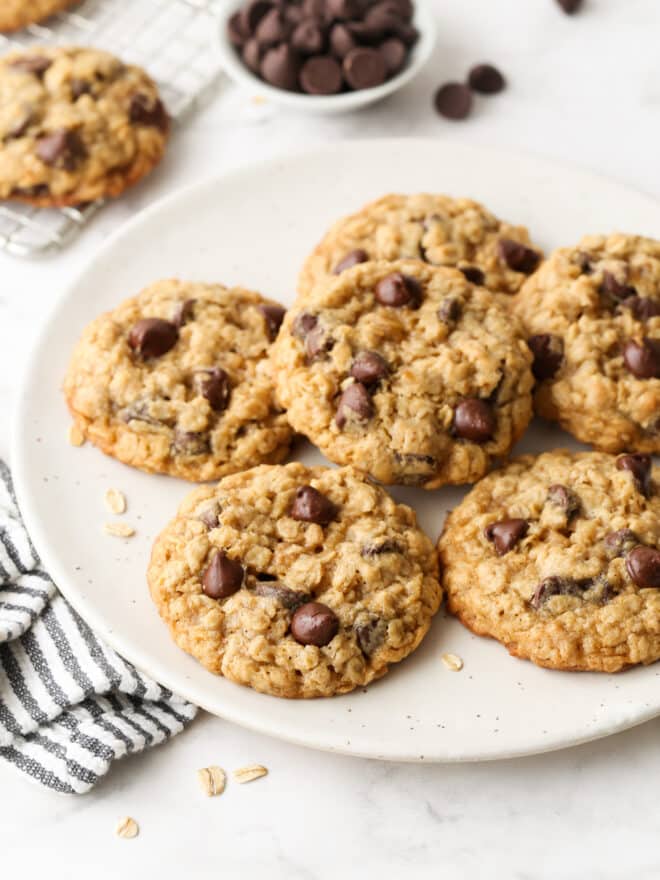 chocolate chip oatmeal cookies on a plate