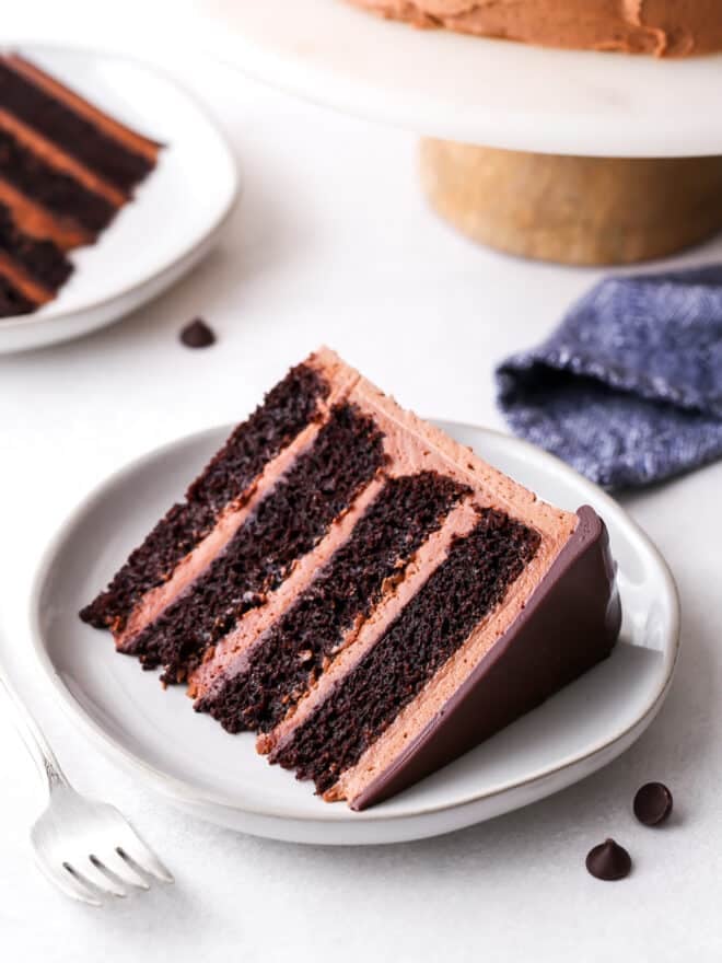 slice of chocolate fudge cake on a plate