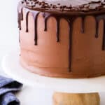 closeup of chocolate fudge cake on cake stand