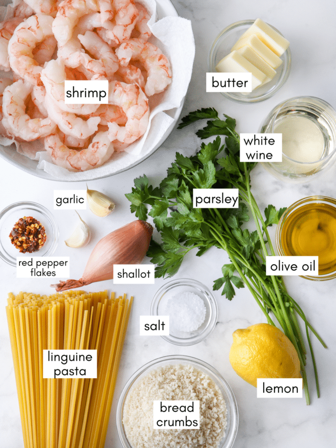 shrimp scampi pasta ingredients with labels