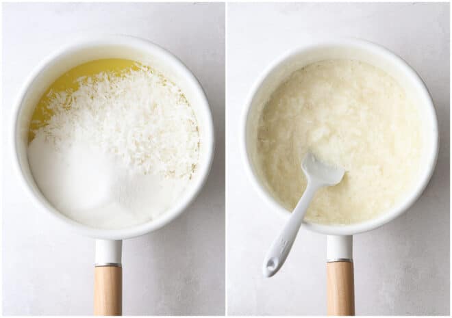 mixing egg whites, coconut and sugar in saucepan