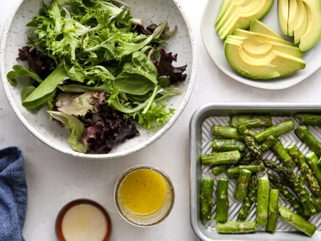 all components of roasted asparagus avocado salad