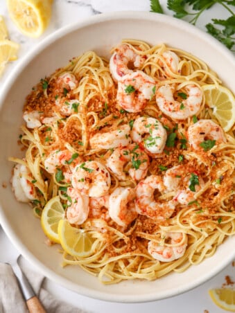 closeup of shrimp scampi pasta in a big bowl