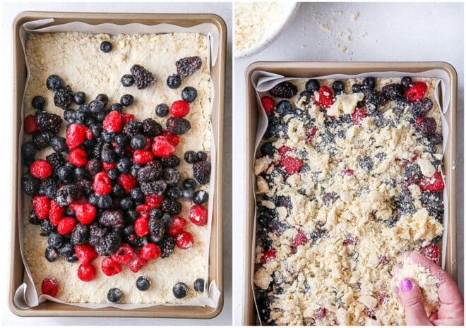 adding berry filling and crumb topping