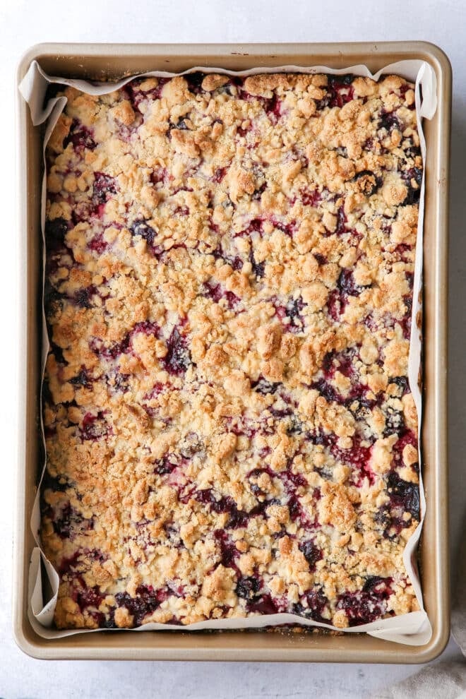 berry crumb bars baked in a pan