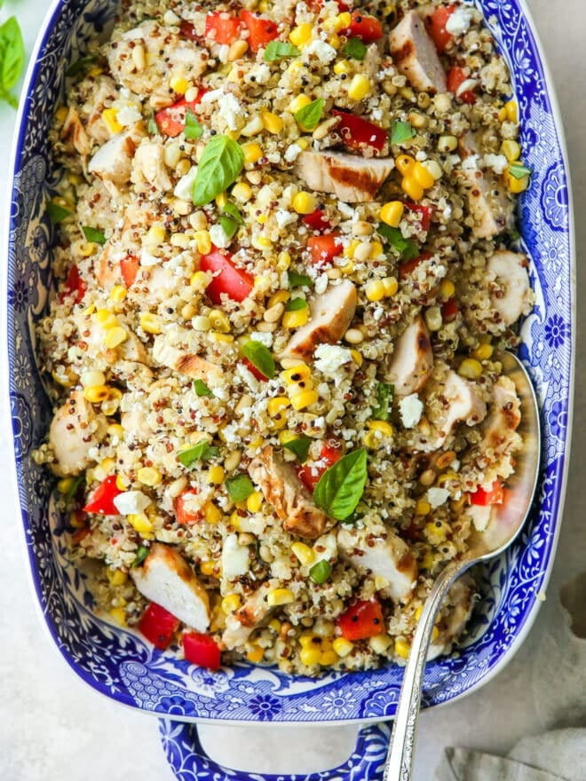 closeup of grilled chicken quinoa salad in a blue dish