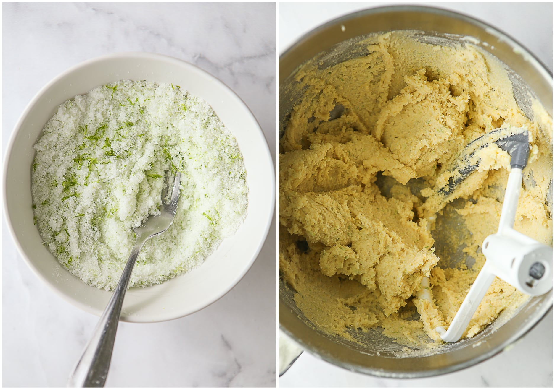 rubbing lime zest into sugar, mixing cookie dough
