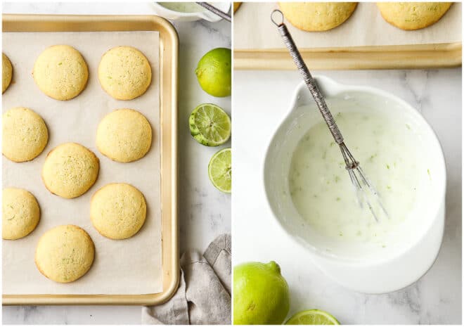 baked lime cornmeal cookies with bowl of lime icing