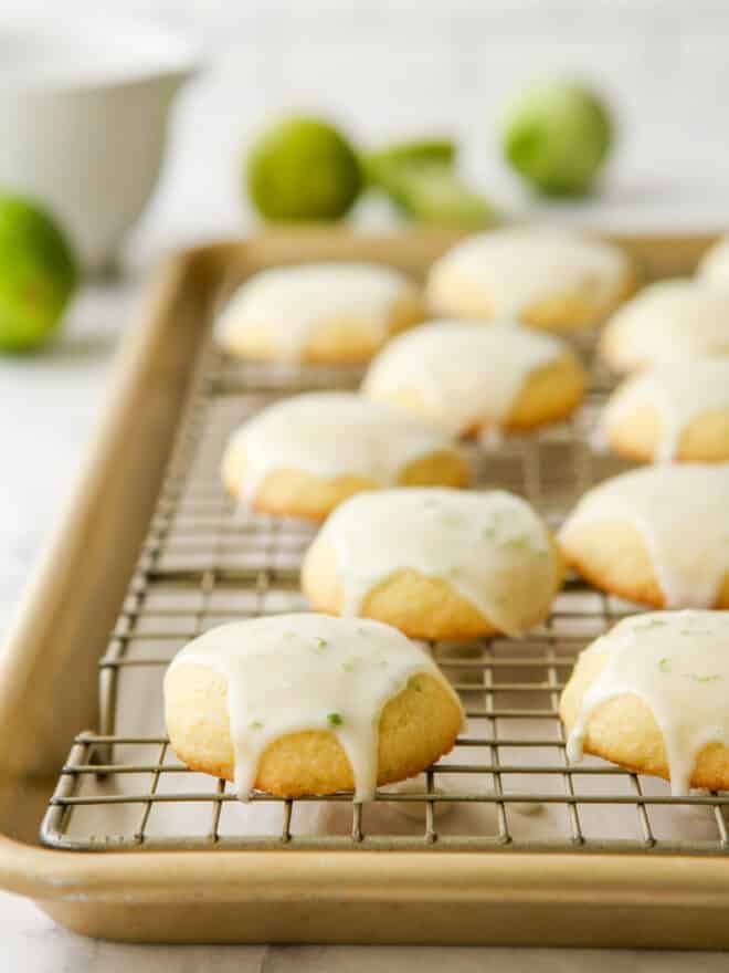 lime cornmeal cookies with icing on wire rack
