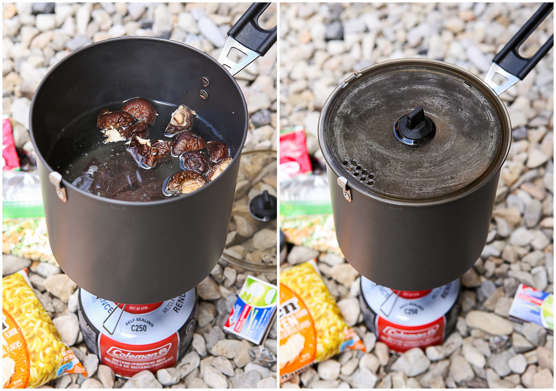 hydrating mushrooms and jerk in camp pot