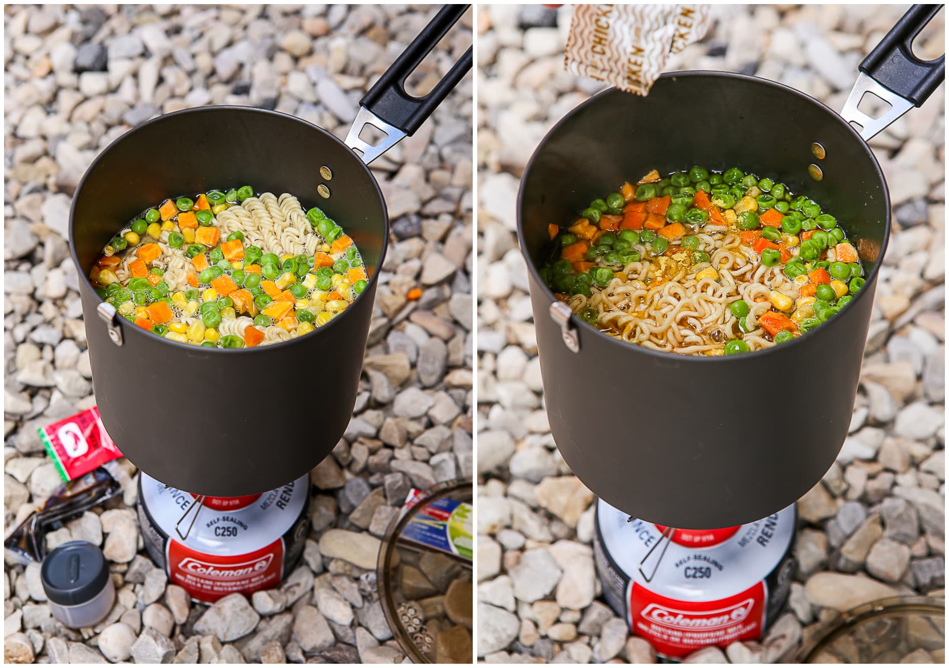 cooking noodles and veggies in pot over camp stove