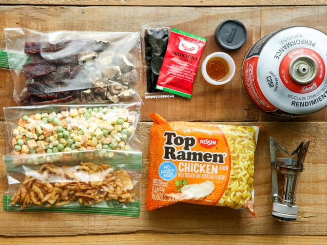 ingredients packed up for backpacking ramen