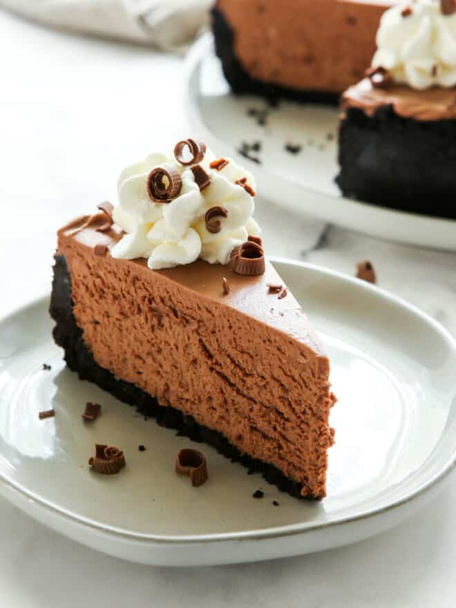 close up of slice of no-bake chocolate cheesecake
