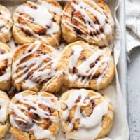 baked cinnamon roll biscuits in a pan