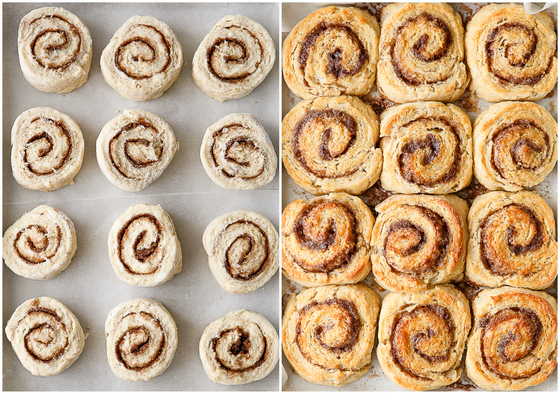 cinnamon roll biscuits, before and after baking