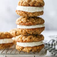 stack of oatmeal cream pie cookies on wire rack