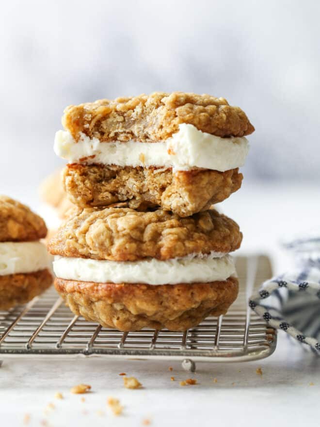 small stack of oatmeal cream pie cookies with bite taken out